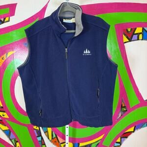 10,000 Feet Above Sea Level, Blue Fleece Vest with Wyoming Tree Design. Size XL